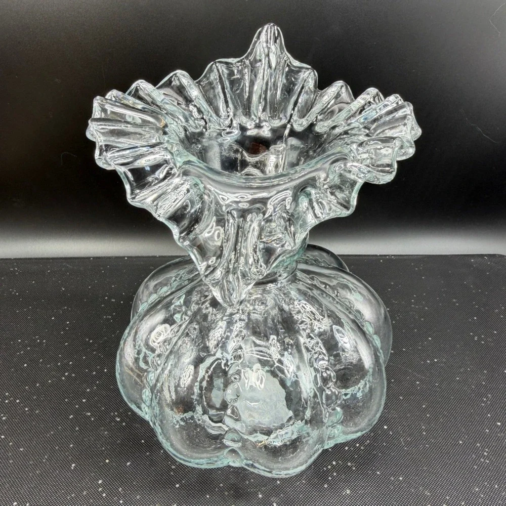 Clear Glass Ruffled Vase Hobnail Lobed Pumpkin‎ Base Heavy 8 Inch Vessel VTG